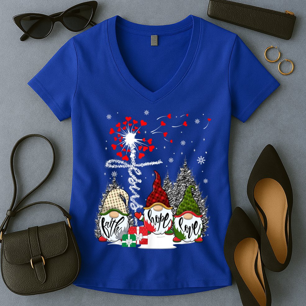 Jesus Faith Hope Love Xmas Christian Gnomes Dandelion Cool Gift Women's V-Neck T-Shirt