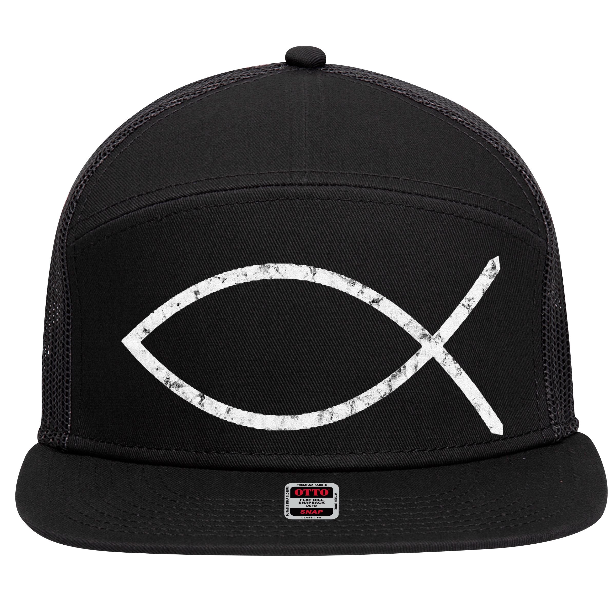 Jesus Fish Ichthy Ichthus Emblem Christian Faith Symbol 7 Panel Mesh Trucker Snapback Hat
