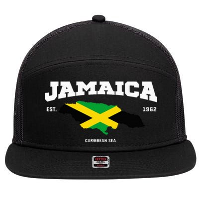 Jamaican Flag Jamaica Map Vacation To Jamaica 2024 7 Panel Mesh Trucker Snapback Hat