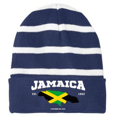 Jamaican Flag Jamaica Map Vacation To Jamaica 2024 Striped Beanie with Solid Band