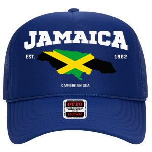 Jamaican Flag Jamaica Map Vacation To Jamaica 2024 High Crown Mesh Back Trucker Hat