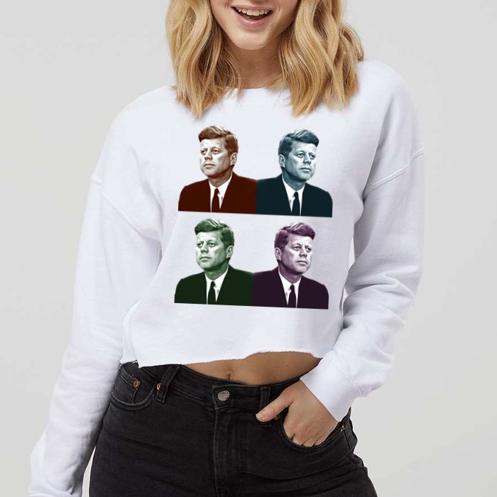 John Fitzgerald Kennedy 35th President Retro Block Portraits Cropped Pullover Crew
