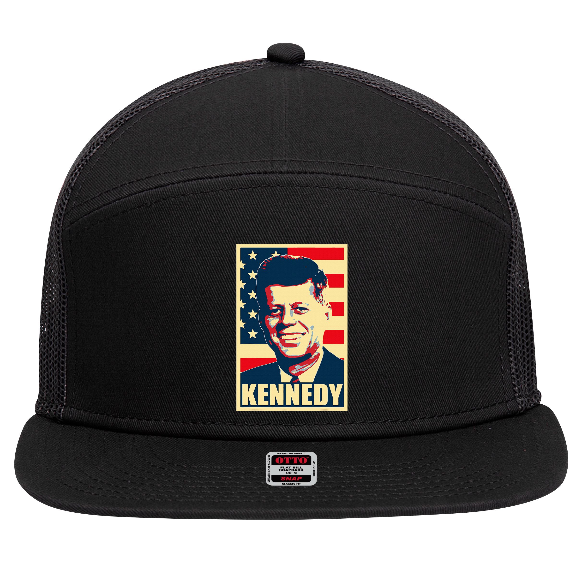 John F Kennedy American Propaganda Poster 7 Panel Mesh Trucker Snapback Hat
