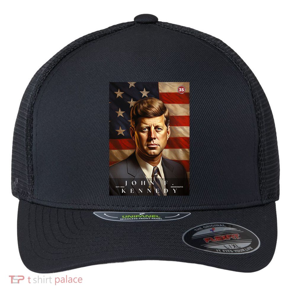 John F. Kennedy 35th President Of The United States Portrait Flexfit Unipanel Trucker Cap