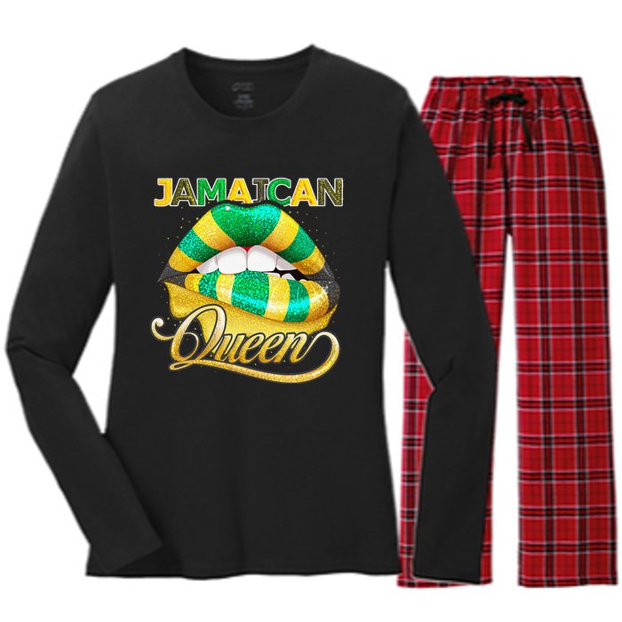 Jamaican Flag Lips  Jamaican Queen Jamaica Women's Long Sleeve Flannel Pajama Set 