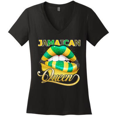 Jamaican Flag Lips  Jamaican Queen Jamaica Women's V-Neck T-Shirt