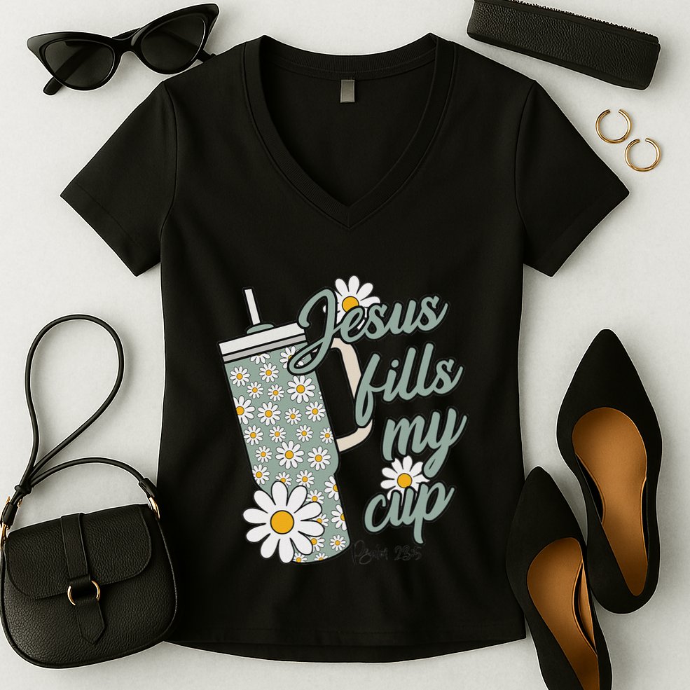 Jesus Fills My Cup Psalm 23 5 Flower Tumbler Women's V-Neck T-Shirt