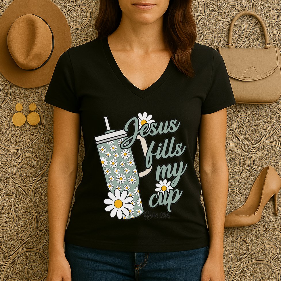 Jesus Fills My Cup Psalm 23 5 Flower Tumbler Women's V-Neck T-Shirt