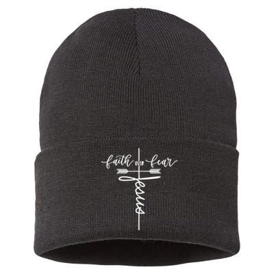 Jesus Faith Over Fear Christian Inspirational Graphic Tees Sustainable Knit Beanie