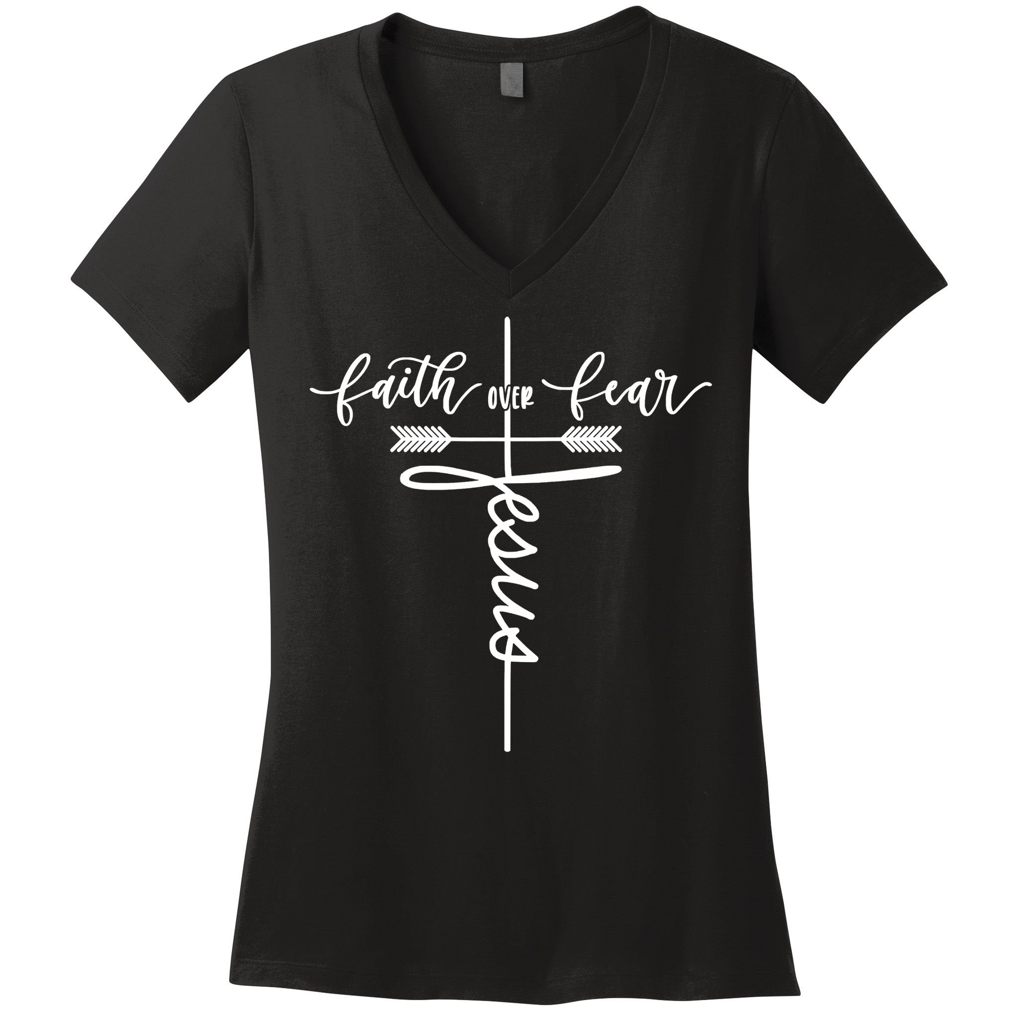 Jesus Faith Over Fear Christian Inspirational Graphic Tees Women's V-Neck T-Shirt