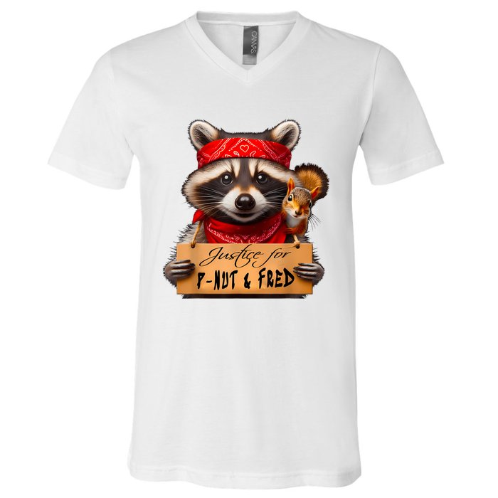 Justice For Peanut The Squirrel Pnut & Fred The Raccoon V-Neck T-Shirt