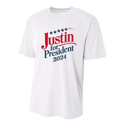 Justin For President 2024 Youth Performance Sprint T-Shirt