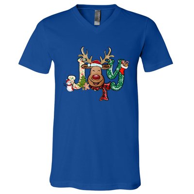 Joy Funny Reindeer Santa Hat Xmas Lights Christmas Pajama Gift V-Neck T-Shirt