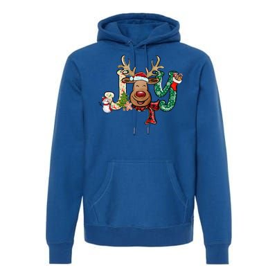 Joy Funny Reindeer Santa Hat Xmas Lights Christmas Pajama Gift Premium Hoodie