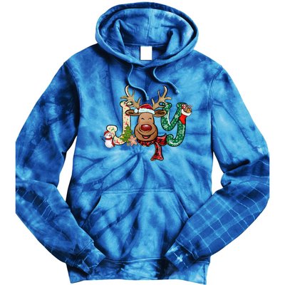 Joy Funny Reindeer Santa Hat Xmas Lights Christmas Pajama Gift Tie Dye Hoodie