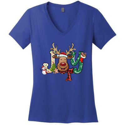 Joy Funny Reindeer Santa Hat Xmas Lights Christmas Pajama Gift Women's V-Neck T-Shirt