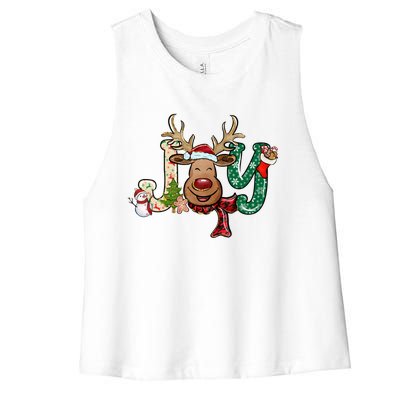 Joy Funny Reindeer Santa Hat Xmas Lights Christmas Pajama Gift Women's Racerback Cropped Tank