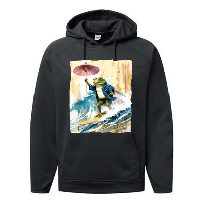 Japanese Frog Surfing Wave Funny Graphic Japan Anime Performance Fleece Hoodie