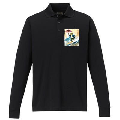 Japanese Frog Surfing Wave Funny Graphic Japan Anime Performance Long Sleeve Polo