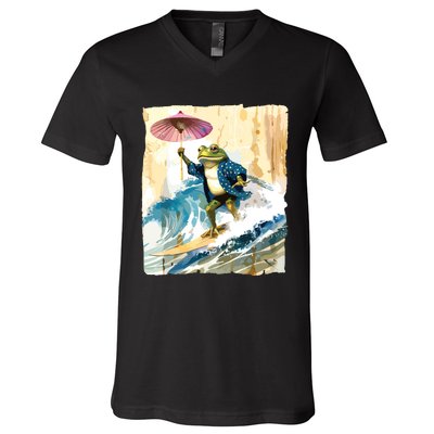 Japanese Frog Surfing Wave Funny Graphic Japan Anime V-Neck T-Shirt