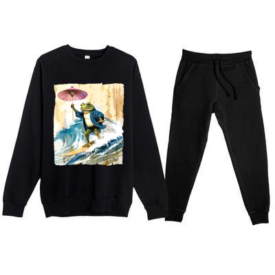 Japanese Frog Surfing Wave Funny Graphic Japan Anime Premium Crewneck Sweatsuit Set