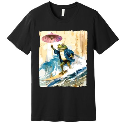 Japanese Frog Surfing Wave Funny Graphic Japan Anime Premium T-Shirt