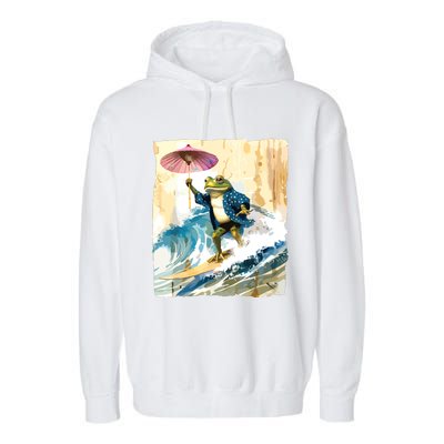 Japanese Frog Surfing Wave Funny Graphic Japan Anime Garment-Dyed Fleece Hoodie