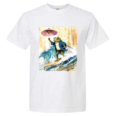 Japanese Frog Surfing Wave Funny Graphic Japan Anime Garment-Dyed Heavyweight T-Shirt