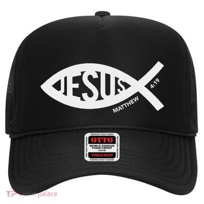 Jesus Fish Symbol Christian High Crown Mesh Back Trucker Hat