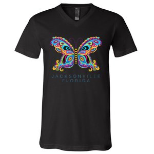 Jacksonville Florida Souvenir Butterfly Graphic V-Neck T-Shirt