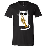 Jazz Funk Soul Cool Cute Cat Playing Trumpet V-Neck T-Shirt