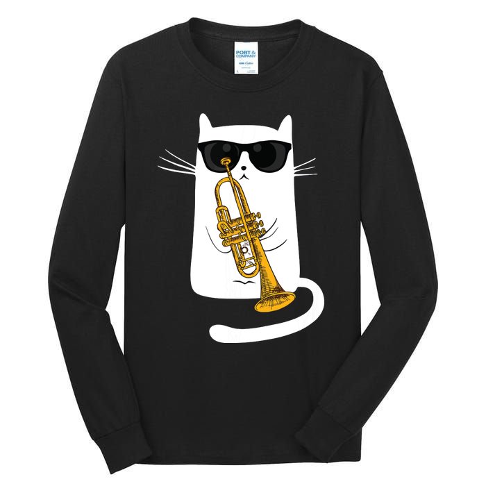 Jazz Funk Soul Cool Cute Cat Playing Trumpet Tall Long Sleeve T-Shirt