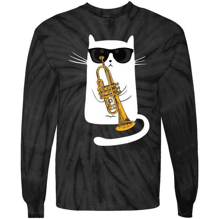 Jazz Funk Soul Cool Cute Cat Playing Trumpet Tie-Dye Long Sleeve Shirt