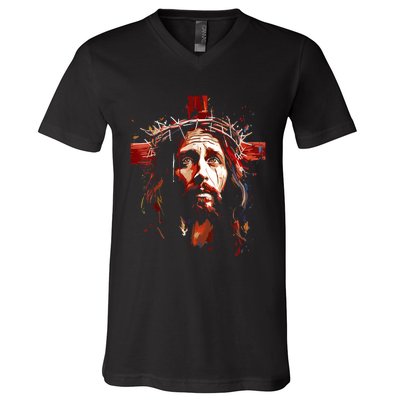 Jesus God Cross Christian Colorful Artwork Christian Faith V-Neck T-Shirt