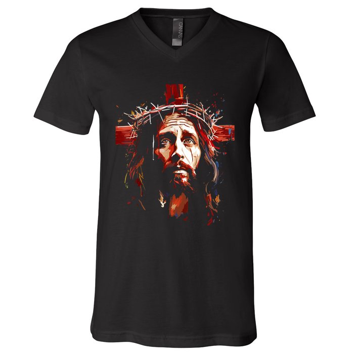 Jesus God Cross Christian Colorful Artwork Christian Faith V-Neck T-Shirt