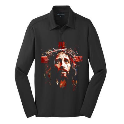 Jesus God Cross Christian Colorful Artwork Christian Faith Silk Touch Performance Long Sleeve Polo