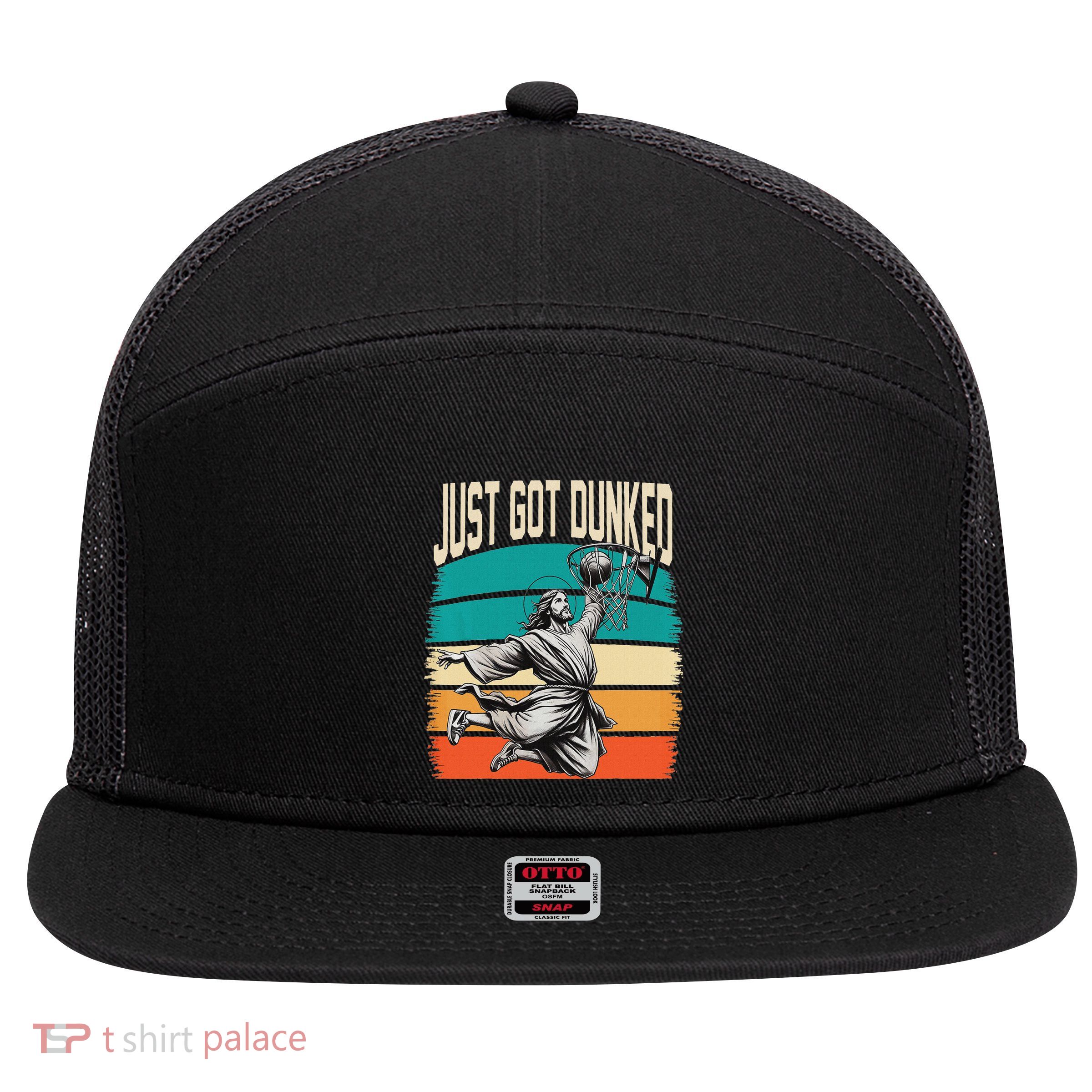 Just Got Dunked Jesus Dunking Baptism Playing Basketball 7 Panel Mesh Trucker Snapback Hat