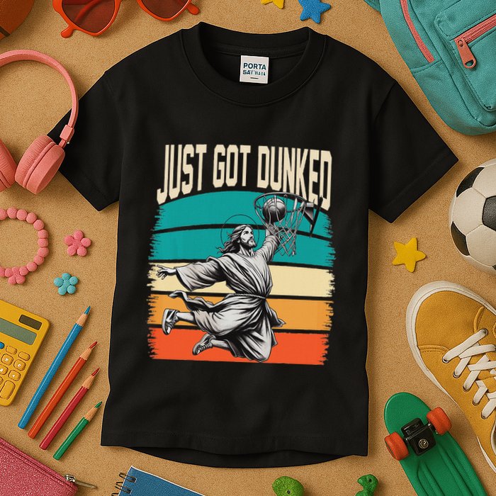 Just Got Dunked Jesus Dunking Baptism Playing Basketball Kids T-Shirt