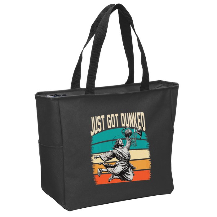Just Got Dunked Jesus Dunking Baptism Playing Basketball Zip Tote Bag