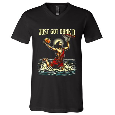 Just Got Dunked Jesus Dunking Baptism Playing Basketball V-Neck T-Shirt