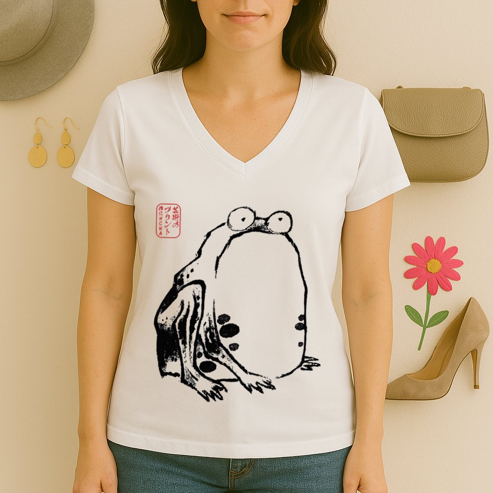 Japanese Grumpy Frog Ukiyoe Anime Japanese Women's V-Neck T-Shirt