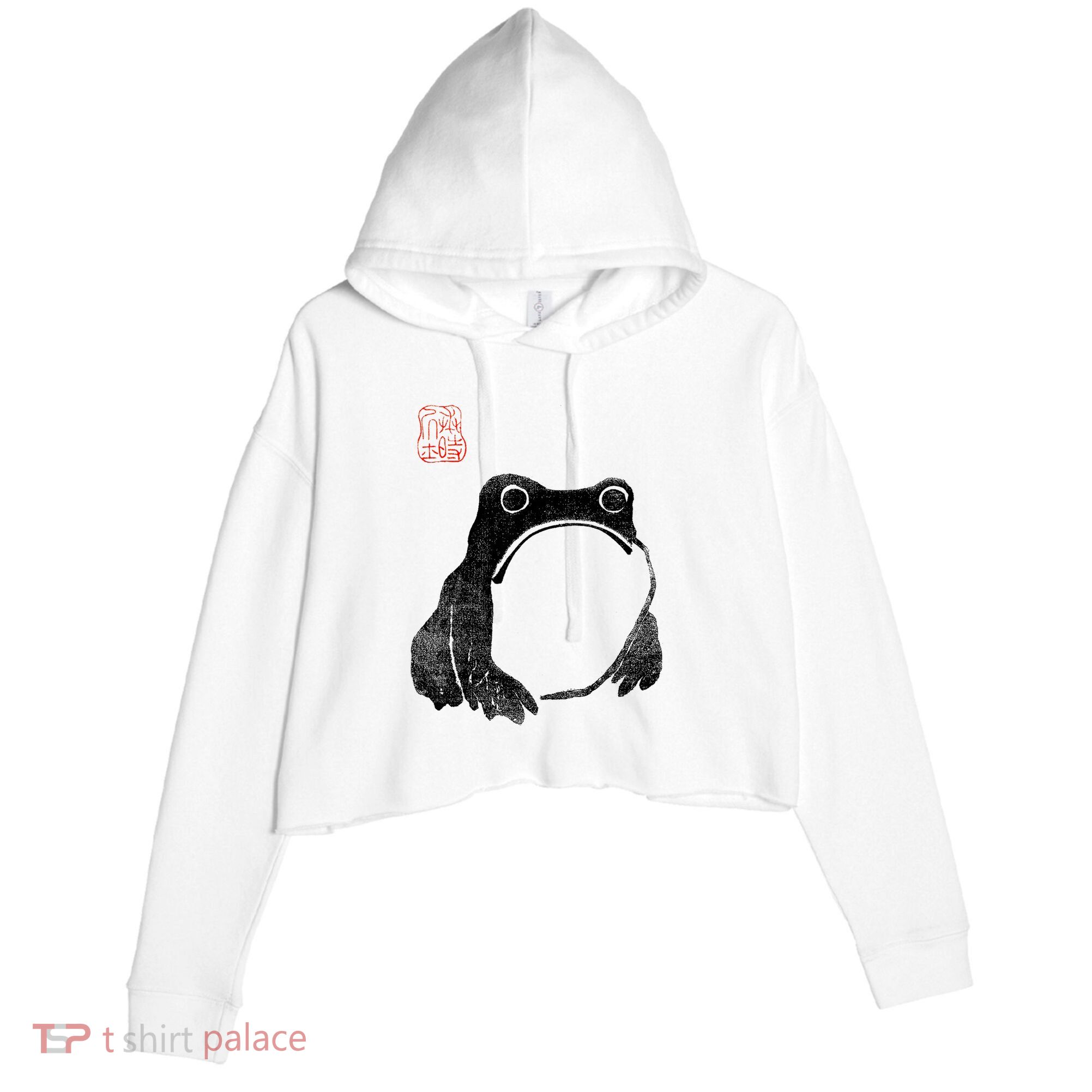 Japanese Grumpy Frog Toad Unimpressed Animal Funny Chubby Crop Fleece Hoodie
