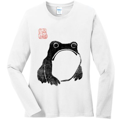 Japanese Grumpy Frog Toad Unimpressed Animal Funny Chubby Ladies Long Sleeve Shirt