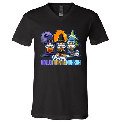 Jew Gnomes Halloween Thanksgiving Hanukkah HalloThanksNukkah V-Neck T-Shirt