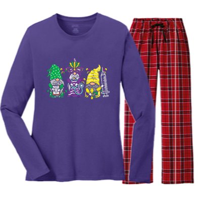 Jester Gnomes Nurse Funny Mardi Gras Women's Long Sleeve Flannel Pajama Set 