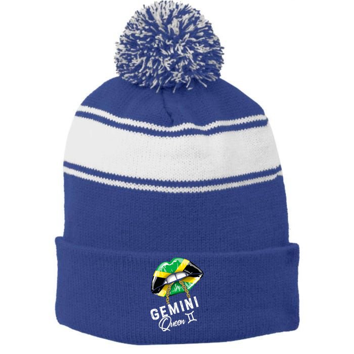 Jamaica Gemini Queen Zodiac Birthday Jamaican Lips Stripe Pom Pom Beanie