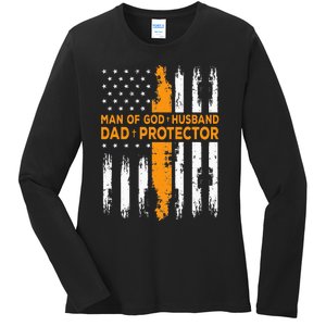 Jesus God Religious Man Of God Husband Dad Protector Ladies Long Sleeve Shirt