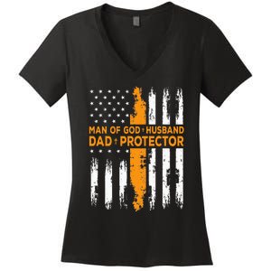 Jesus God Religious Man Of God Husband Dad Protector Women's V-Neck T-Shirt