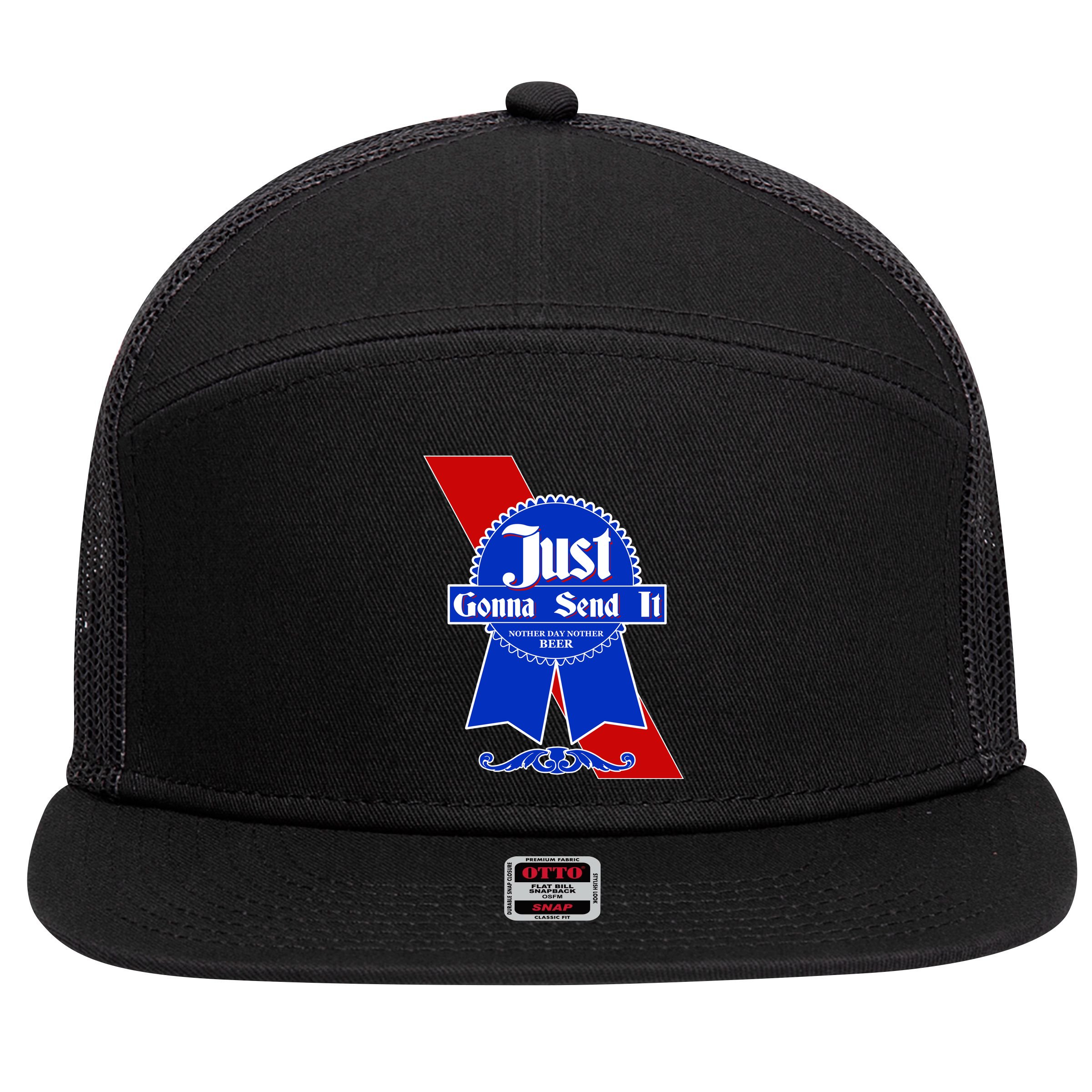 Just Gonna Send It Nother Day Nother Beer Blue Ribbon 7 Panel Mesh Trucker Snapback Hat