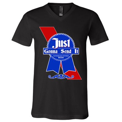 Just Gonna Send It Nother Day Nother Beer Blue Ribbon V-Neck T-Shirt